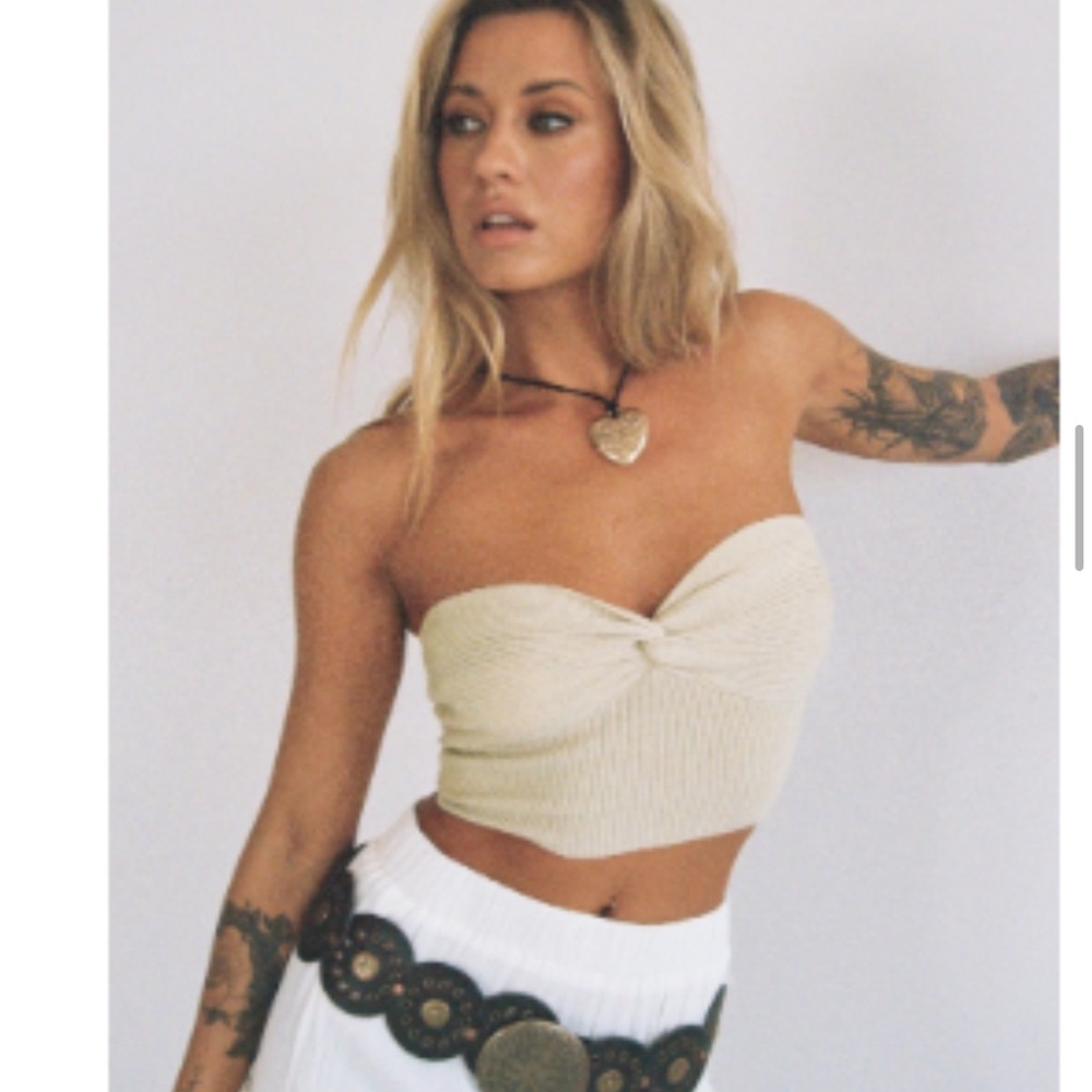 Princess Polly Beige Ribbed Knot Crop Top